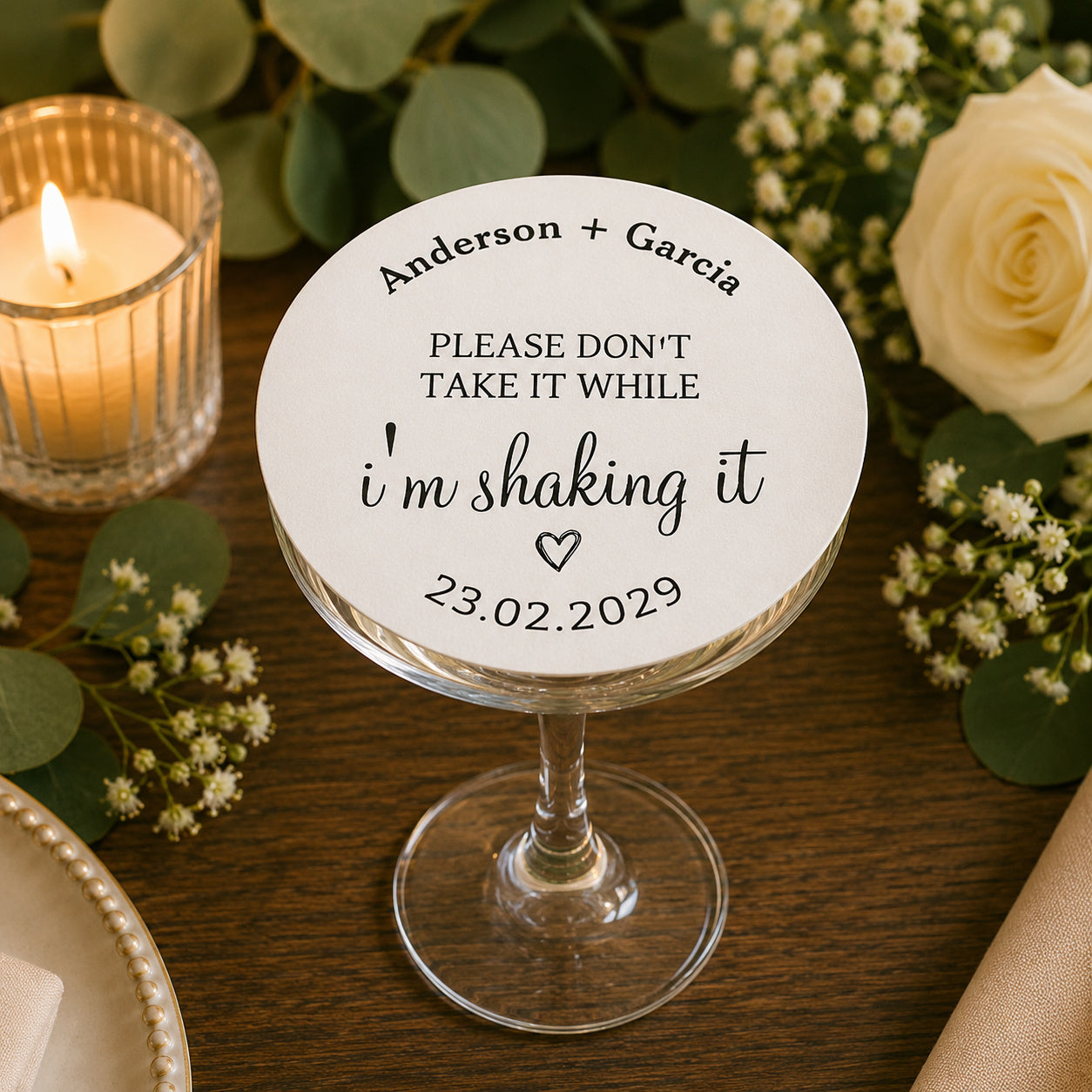100pcs Personalized "Please Don't Take It While I'm Shaking It" Wedding Paper Coasters, Custom Cocktail Drink Coasters