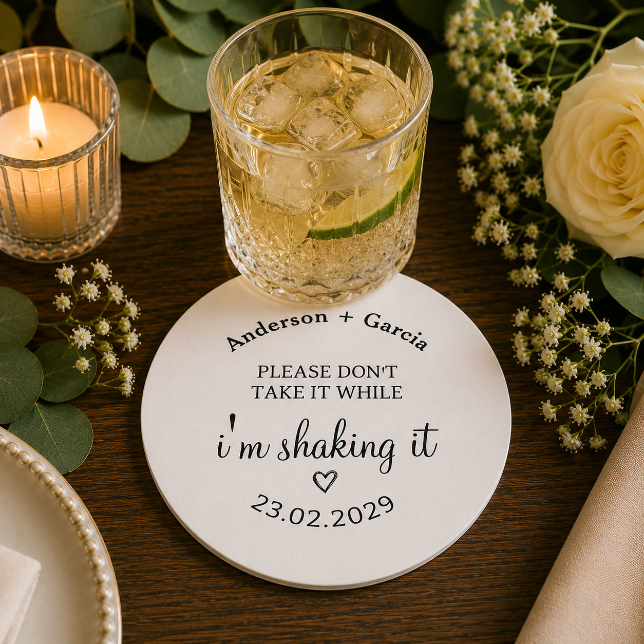 100pcs Personalized "Please Don't Take It While I'm Shaking It" Wedding Paper Coasters, Custom Cocktail Drink Coasters