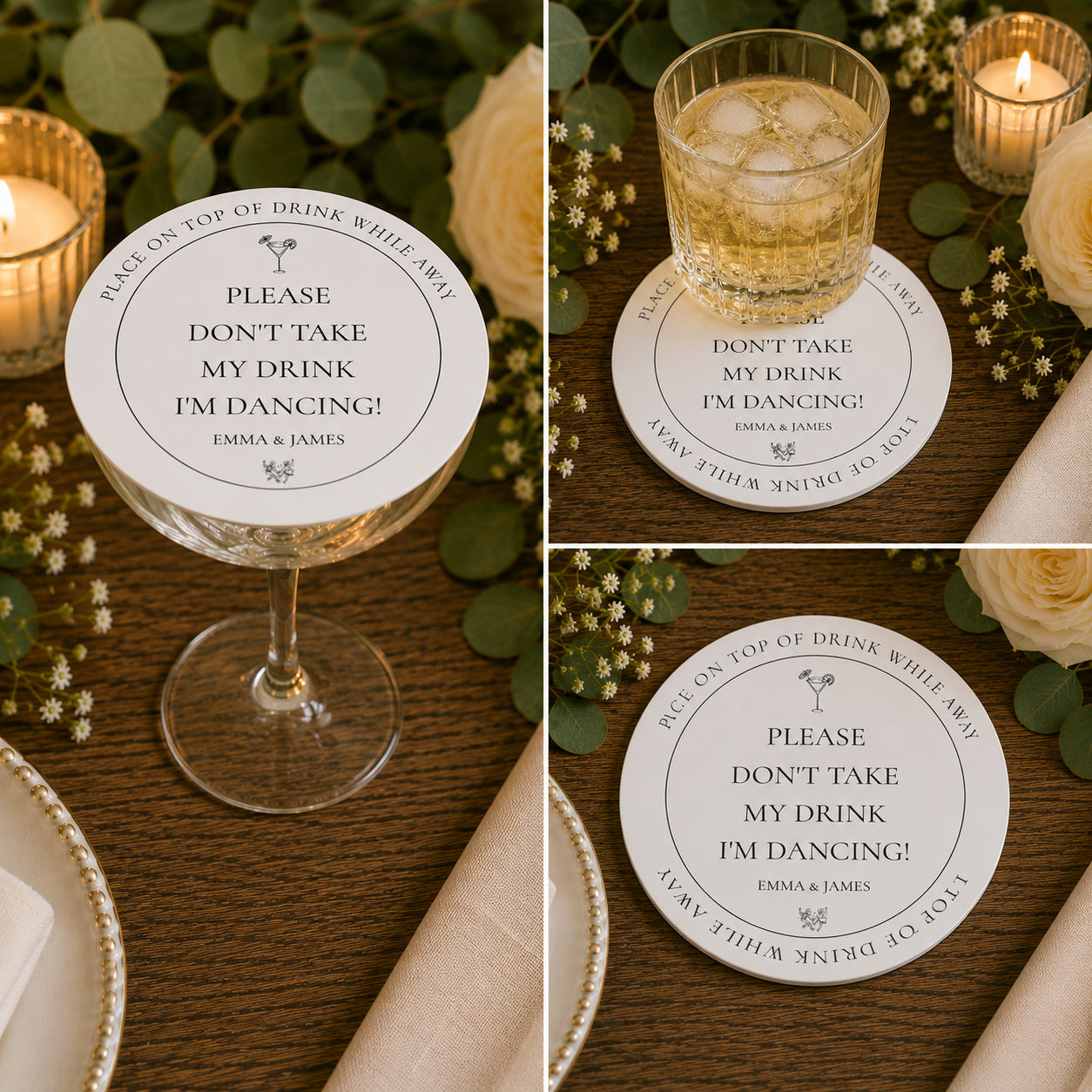 100pcs Personalized "Please Don't Take My Drink, I'm Dancing" Drink Cover Paper Coasters, Custom Wedding Cup Covers