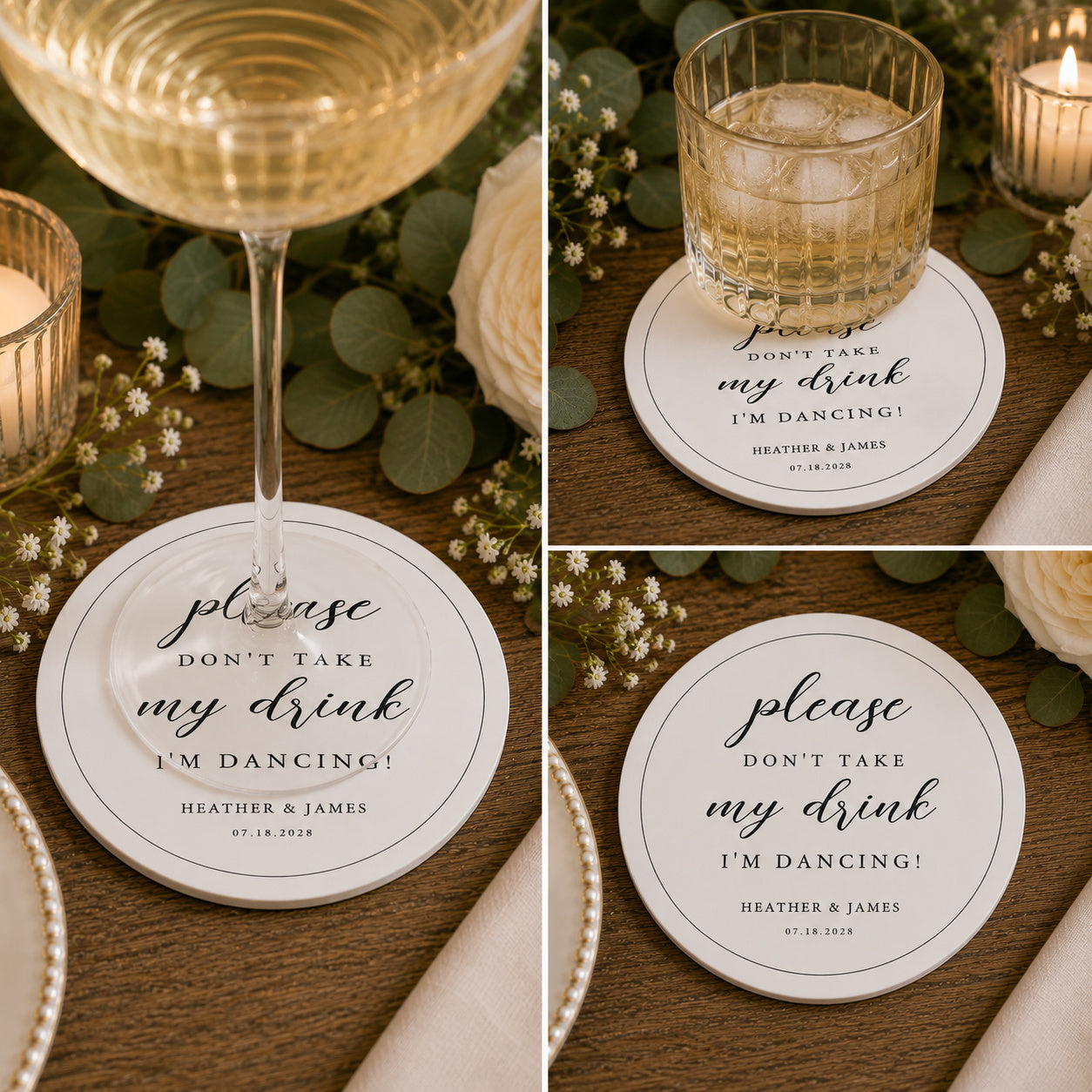100pcs Personalized "Please Don't Take My Drink, I'm Dancing" Paper Coasters, Custom Wedding Drink Coasters, 4-inch Round