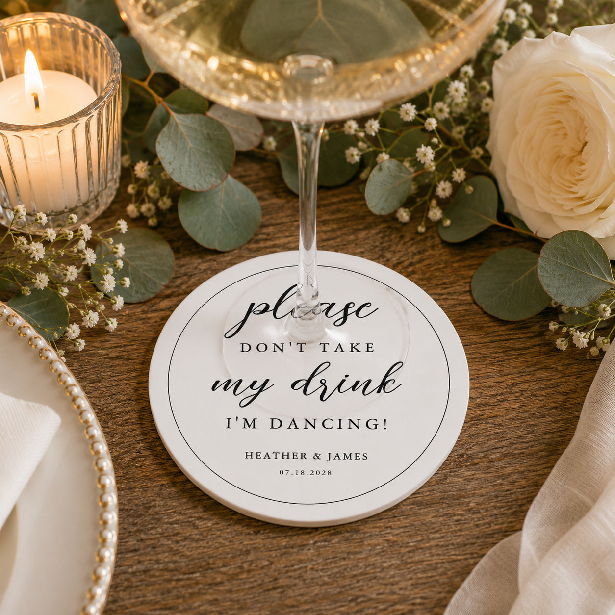 100pcs Personalized "Please Don't Take My Drink, I'm Dancing" Paper Coasters, Custom Wedding Drink Coasters, 4-inch Round