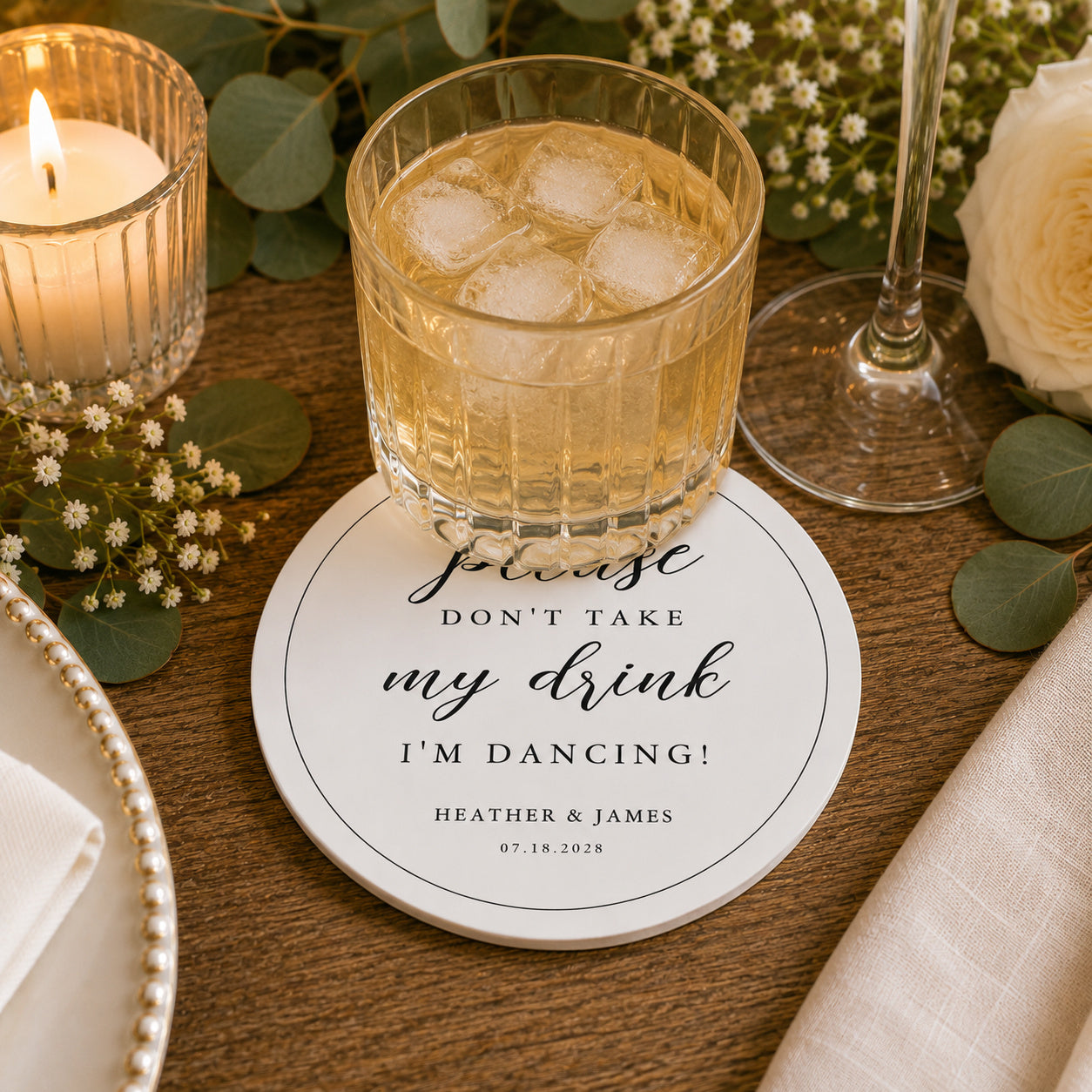 100pcs Personalized "Please Don't Take My Drink, I'm Dancing" Paper Coasters, Custom Wedding Drink Coasters, 4-inch Round
