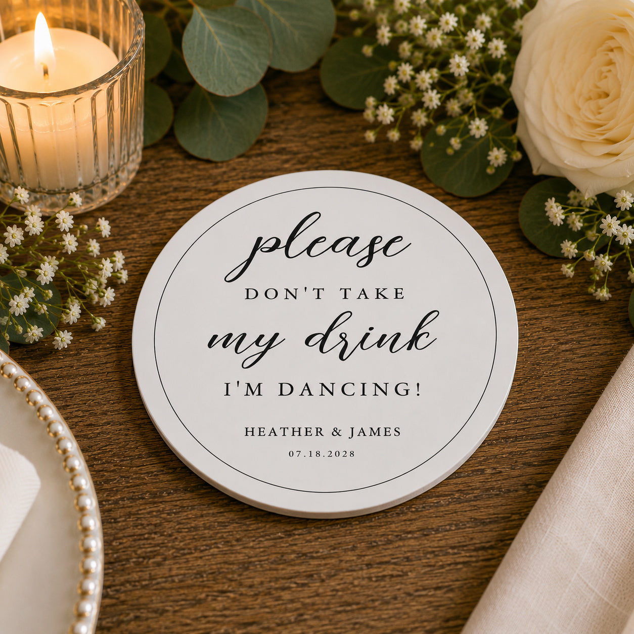 100pcs Personalized "Please Don't Take My Drink, I'm Dancing" Paper Coasters, Custom Wedding Drink Coasters, 4-inch Round
