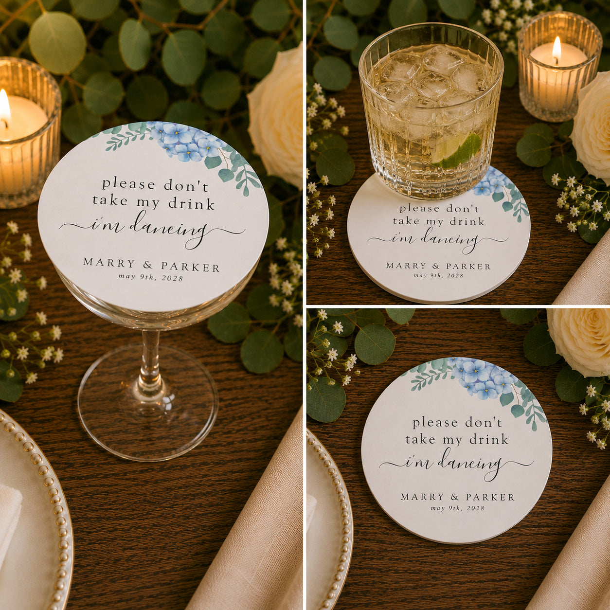 100pcs Personalized Floral "Please Don't Take My Drink, I'm Dancing" Wedding Paper Coasters
