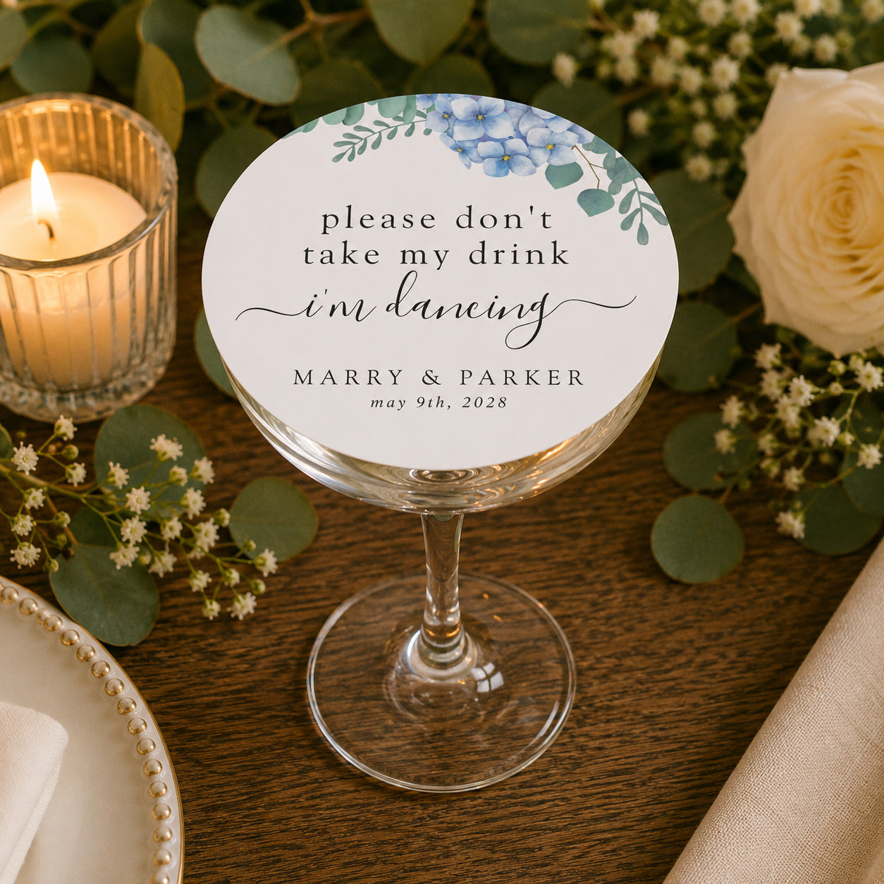 100pcs Personalized Floral "Please Don't Take My Drink, I'm Dancing" Wedding Paper Coasters
