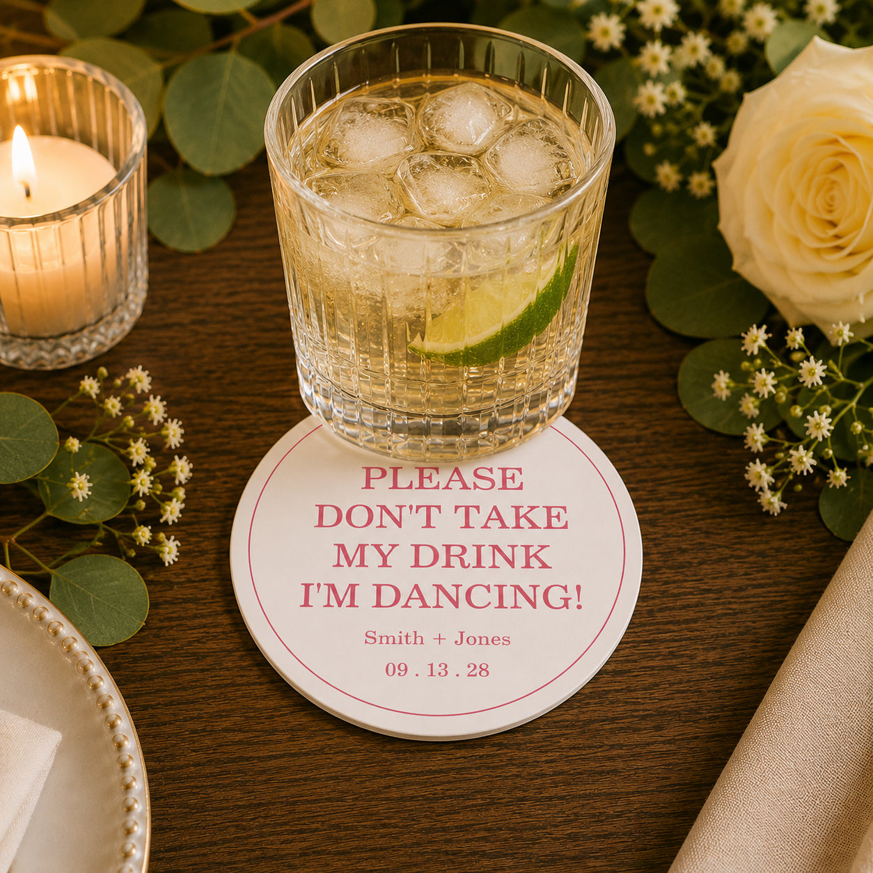 100pcs Personalized "Please Don't Take My Drink, I'm Dancing" Wedding Paper Coasters, Bold Custom Drink Coasters