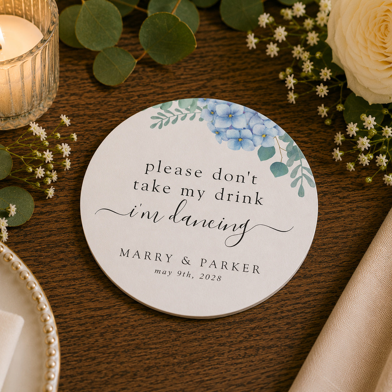 100pcs Personalized Floral "Please Don't Take My Drink, I'm Dancing" Wedding Paper Coasters