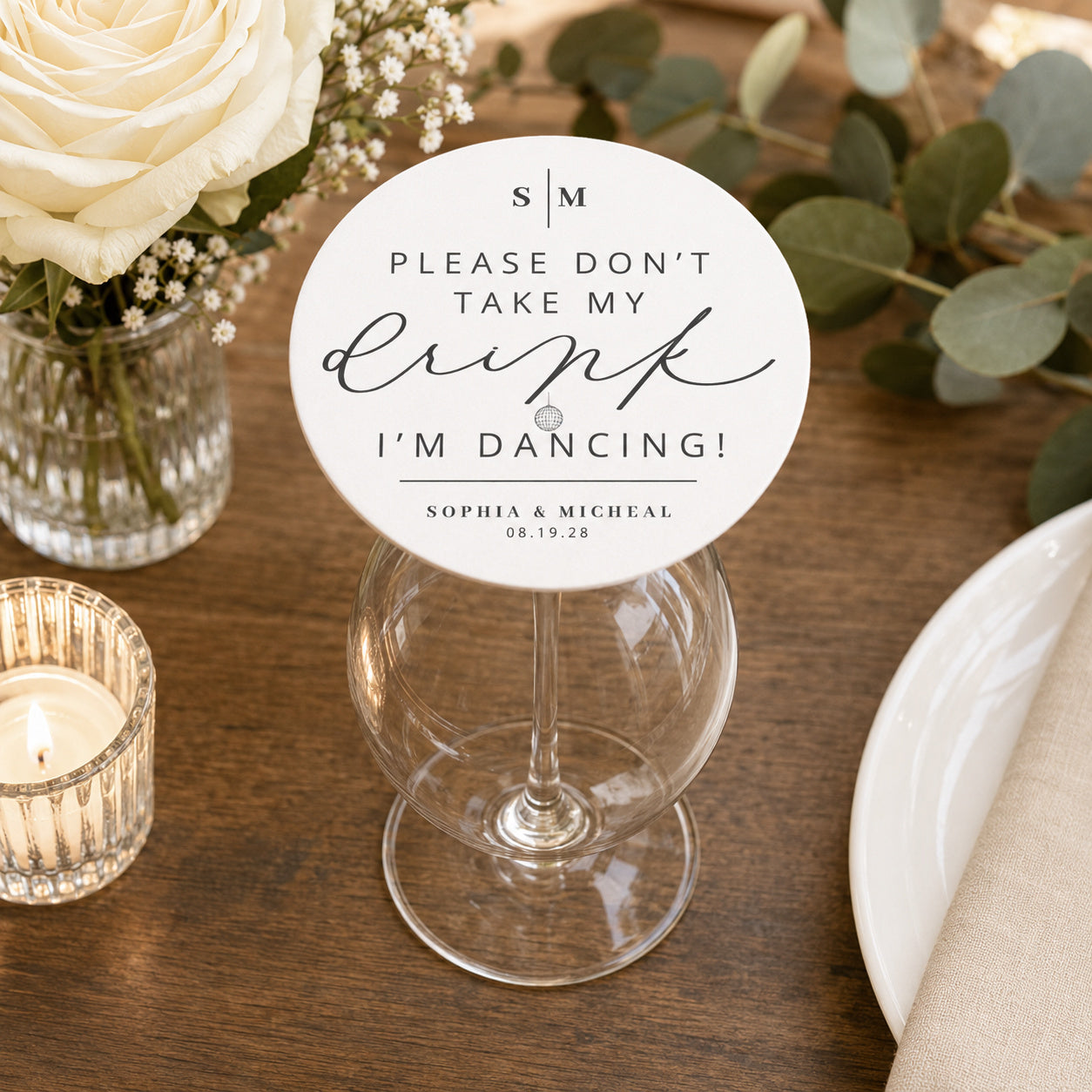 100pcs Personalized "Please Don't Take My Drink, I'm Dancing" Wedding Paper Coasters, Custom 4-inch Round, White & Black