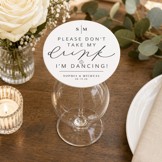 100pcs Personalized "Please Don't Take My Drink, I'm Dancing" Wedding Paper Coasters, Custom 4-inch Round, White & Black