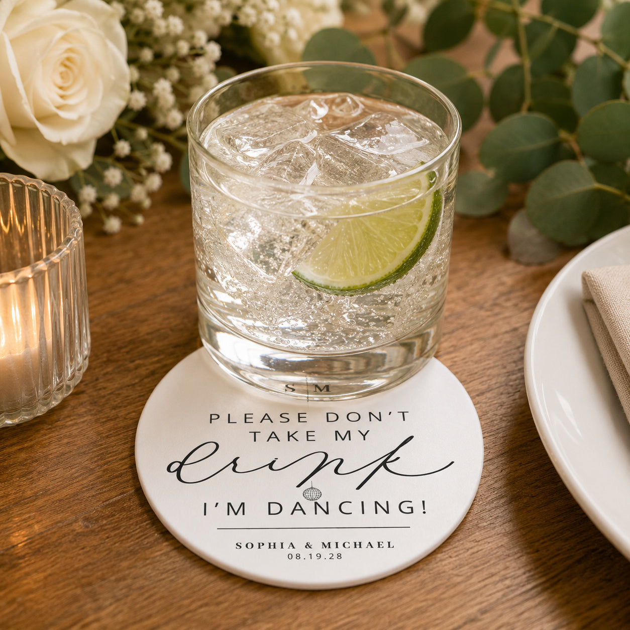 100pcs Personalized "Please Don't Take My Drink, I'm Dancing" Wedding Paper Coasters, Custom 4-inch Round, White & Black