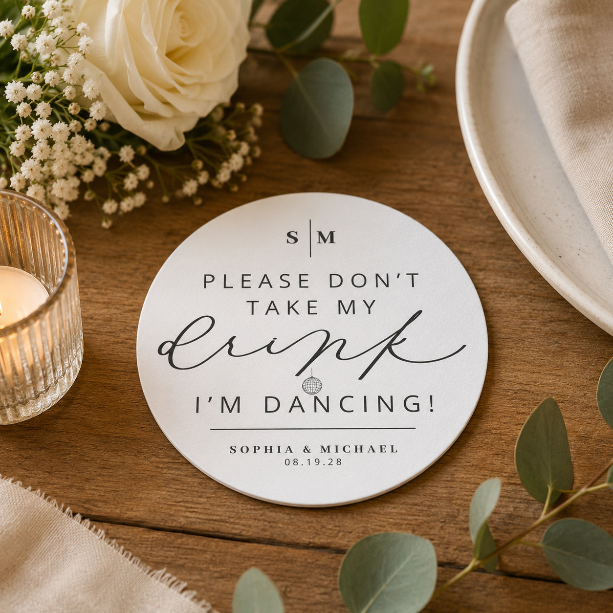 100pcs Personalized "Please Don't Take My Drink, I'm Dancing" Wedding Paper Coasters, Custom 4-inch Round, White & Black