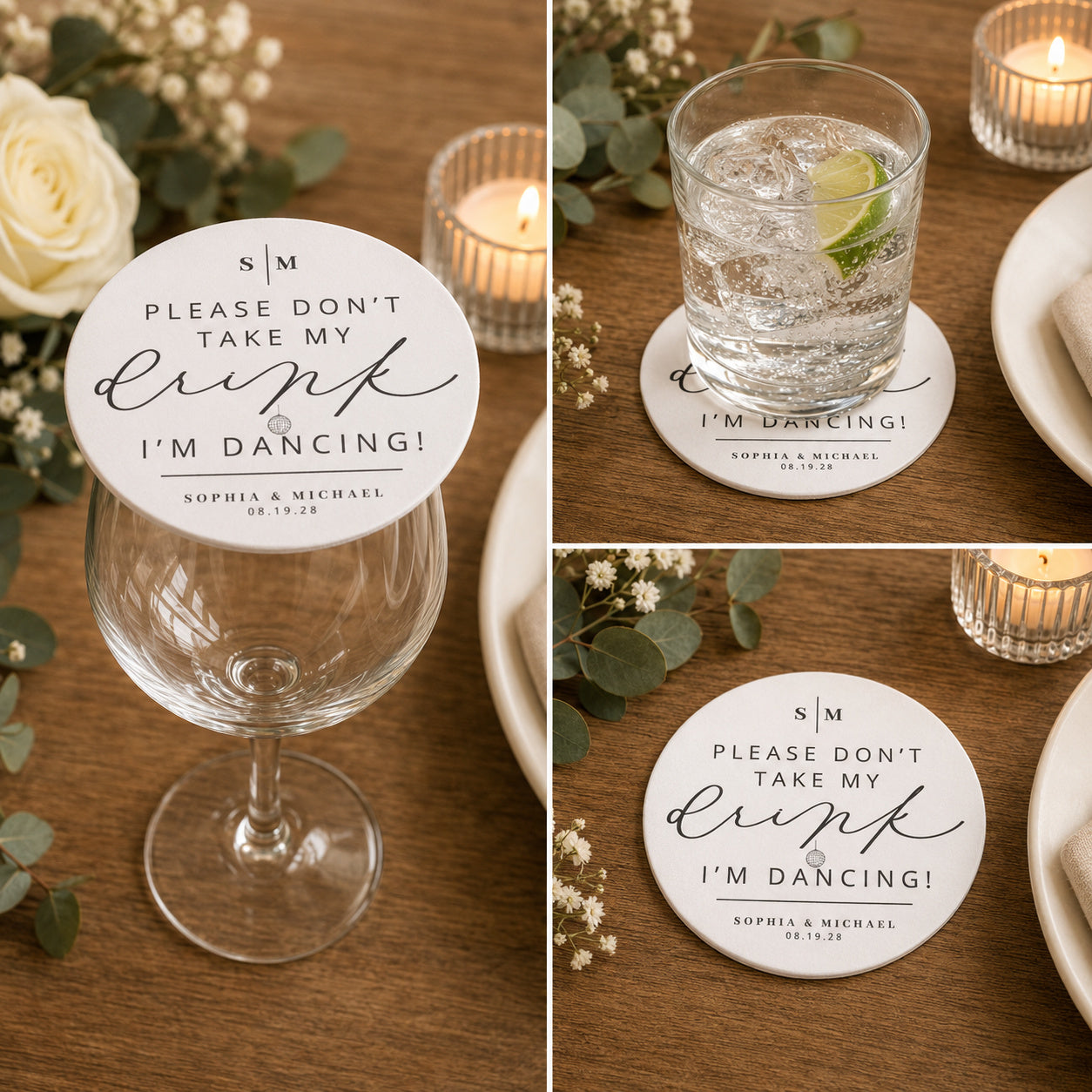 100pcs Personalized "Please Don't Take My Drink, I'm Dancing" Wedding Paper Coasters, Custom 4-inch Round, White & Black