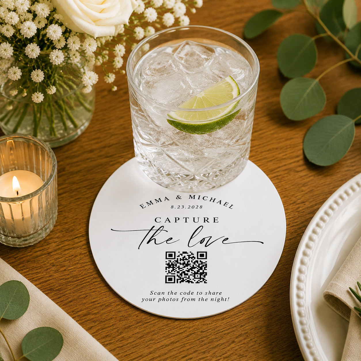 100pcs Personalized QR Code Wedding Paper Coasters, Custom Photo Sharing Drink Coasters, 4-inch Round