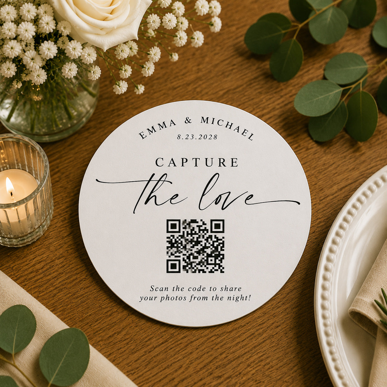 100pcs Personalized QR Code Wedding Paper Coasters, Custom Photo Sharing Drink Coasters, 4-inch Round