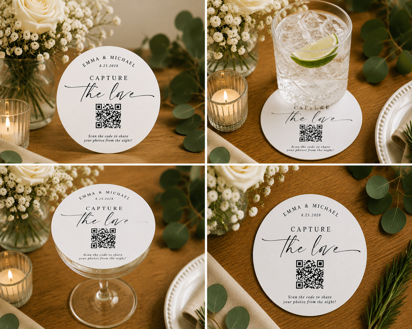 100pcs Personalized QR Code Wedding Paper Coasters, Custom Photo Sharing Drink Coasters, 4-inch Round