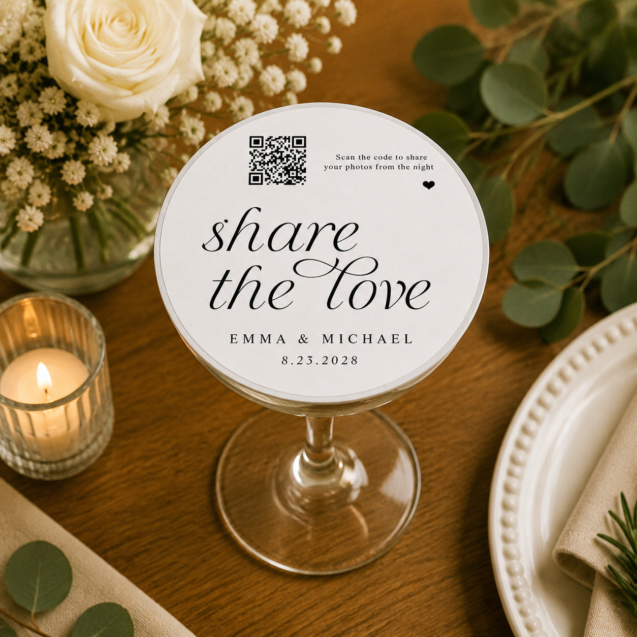 100pcs Personalized Share the Love QR Code Wedding Paper Coasters, Custom Photo Sharing Drink Coasters, 4-inch Round