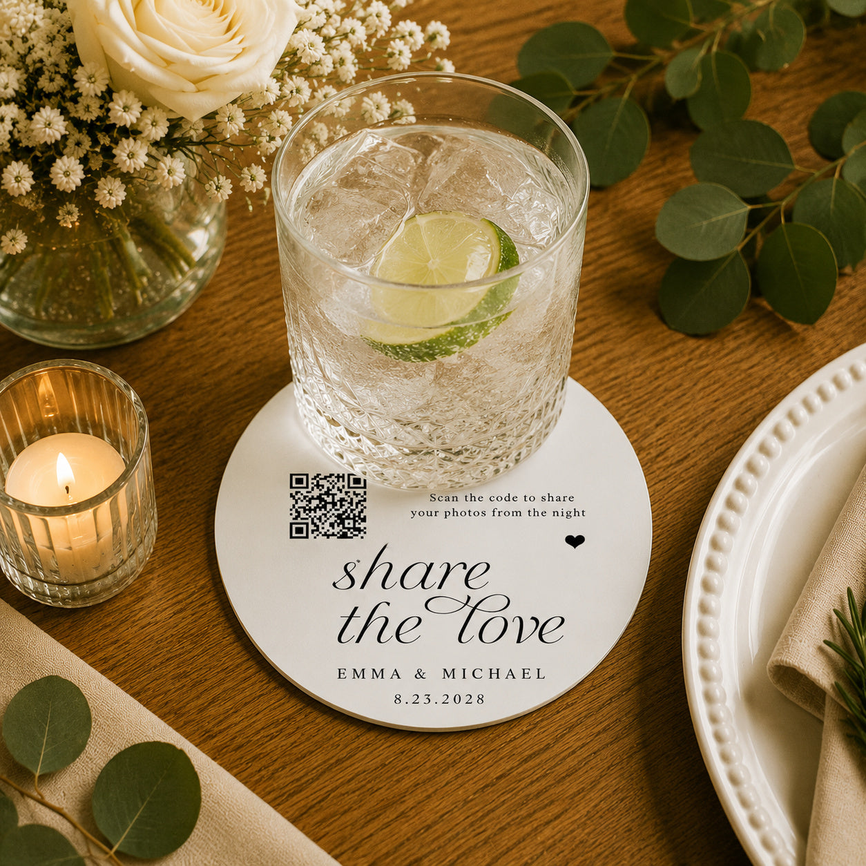100pcs Personalized Share the Love QR Code Wedding Paper Coasters, Custom Photo Sharing Drink Coasters, 4-inch Round