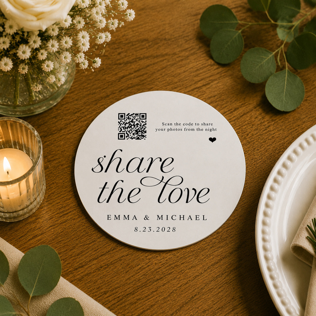 100pcs Personalized Share the Love QR Code Wedding Paper Coasters, Custom Photo Sharing Drink Coasters, 4-inch Round