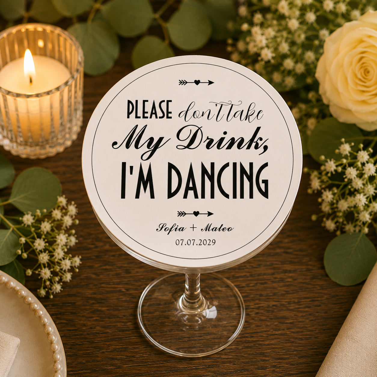 100pcs Personalized Vintage "Please Don't Take My Drink, I'm Dancing" Wedding Paper Coasters