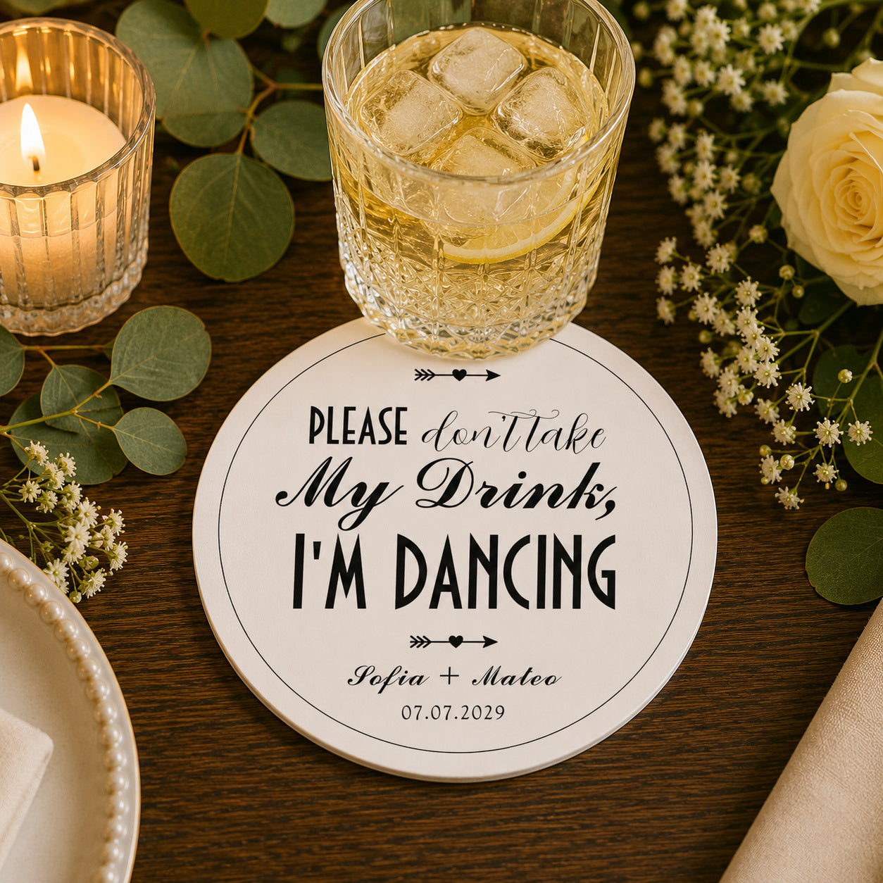 100pcs Personalized Vintage "Please Don't Take My Drink, I'm Dancing" Wedding Paper Coasters