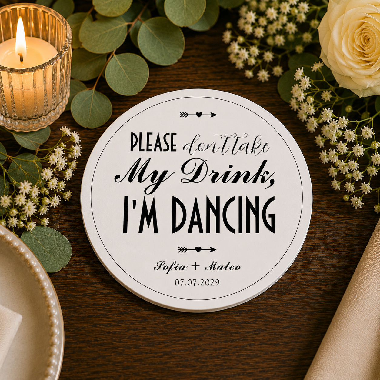 100pcs Personalized Vintage "Please Don't Take My Drink, I'm Dancing" Wedding Paper Coasters