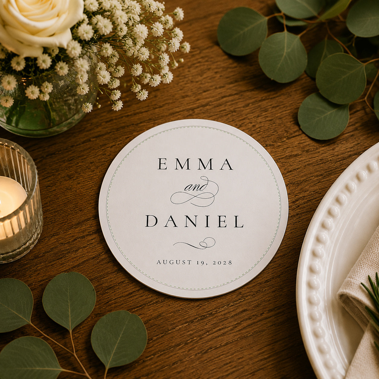 100pcs Personalized Wedding Name Paper Coasters, Custom Drink Coasters with Names & Date
