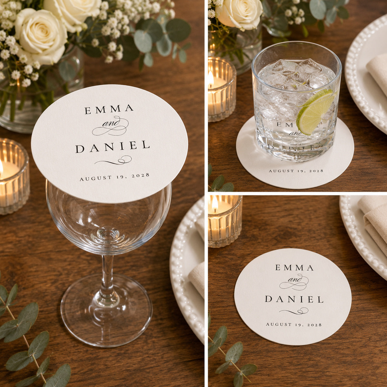 100pcs Personalized Wedding Name Paper Coasters, Custom Drink Coasters with Names & Date