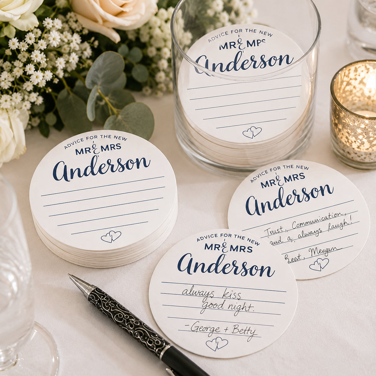 100 Personalized Wedding Advice Cards – 4" Round Guest Advice Cards for Bride & Groom Reception
