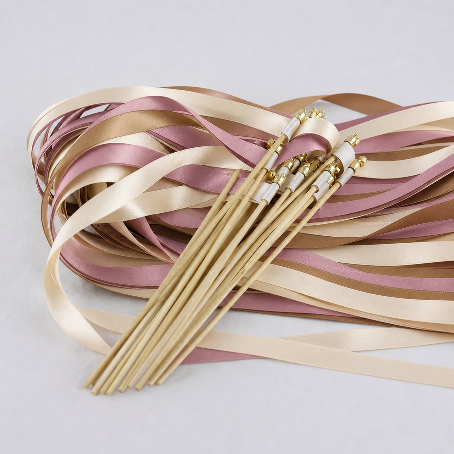 Cafe Mauve Wedding Send-Off Wands - Triple Satin Ribbon in Cream, Toffee and Antique Mauve