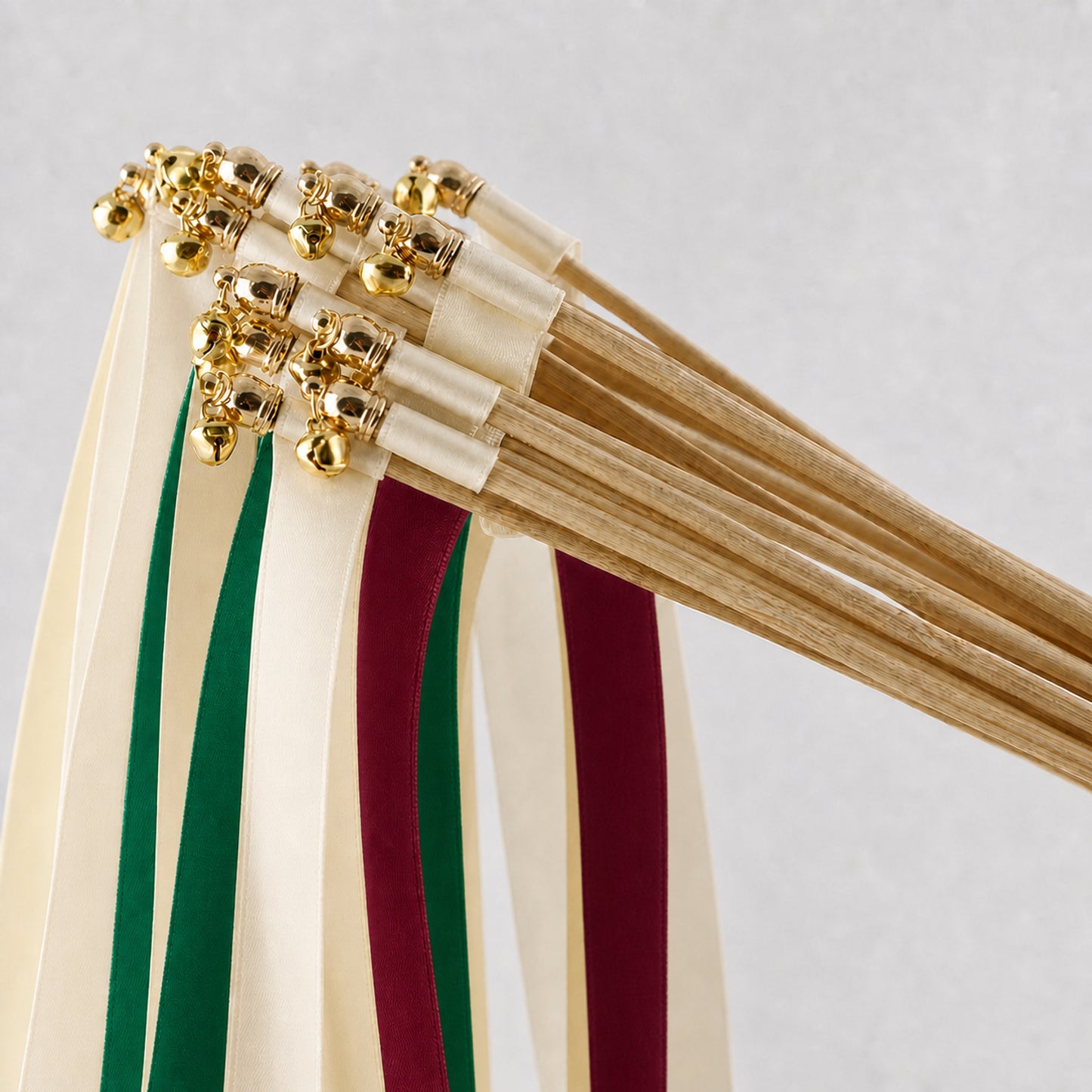 Emerald and Wine Wedding Ribbon Wands with Bell - Ivory Triple Satin Streamers