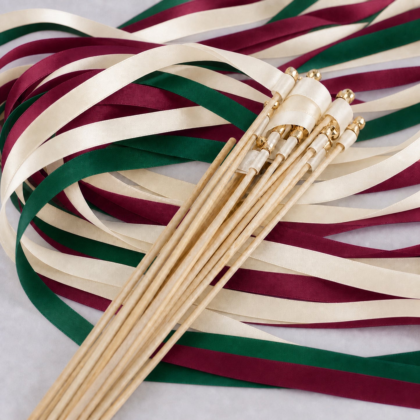 Emerald and Wine Wedding Ribbon Wands with Bell - Ivory Triple Satin Streamers