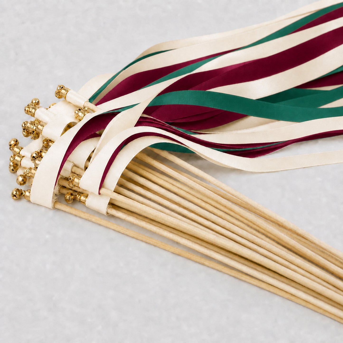Emerald and Wine Wedding Ribbon Wands with Bell - Ivory Triple Satin Streamers