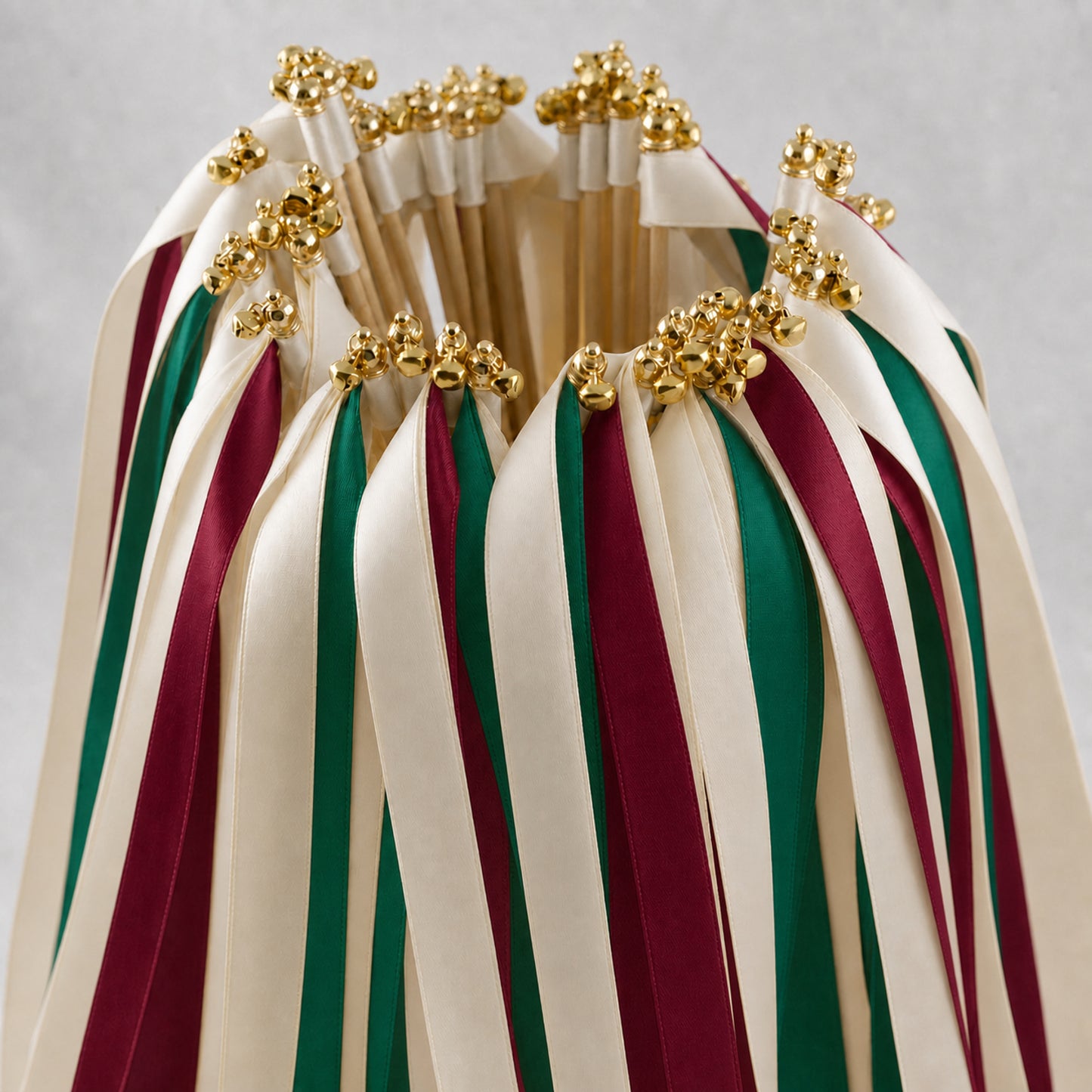 Emerald and Wine Wedding Ribbon Wands with Bell - Ivory Triple Satin Streamers
