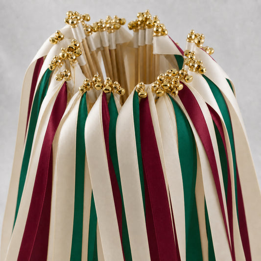 Emerald and Wine Wedding Ribbon Wands with Bell - Ivory Triple Satin Streamers