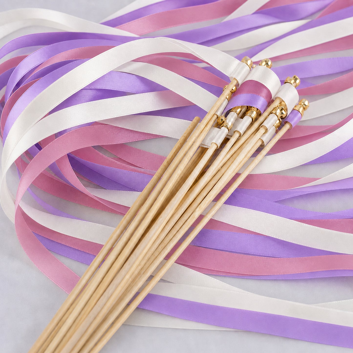 Handmade Amethyst Rose Vineyard Wedding Ribbon Wands with Bell - Off White, Amethyst and Rosy Mauve