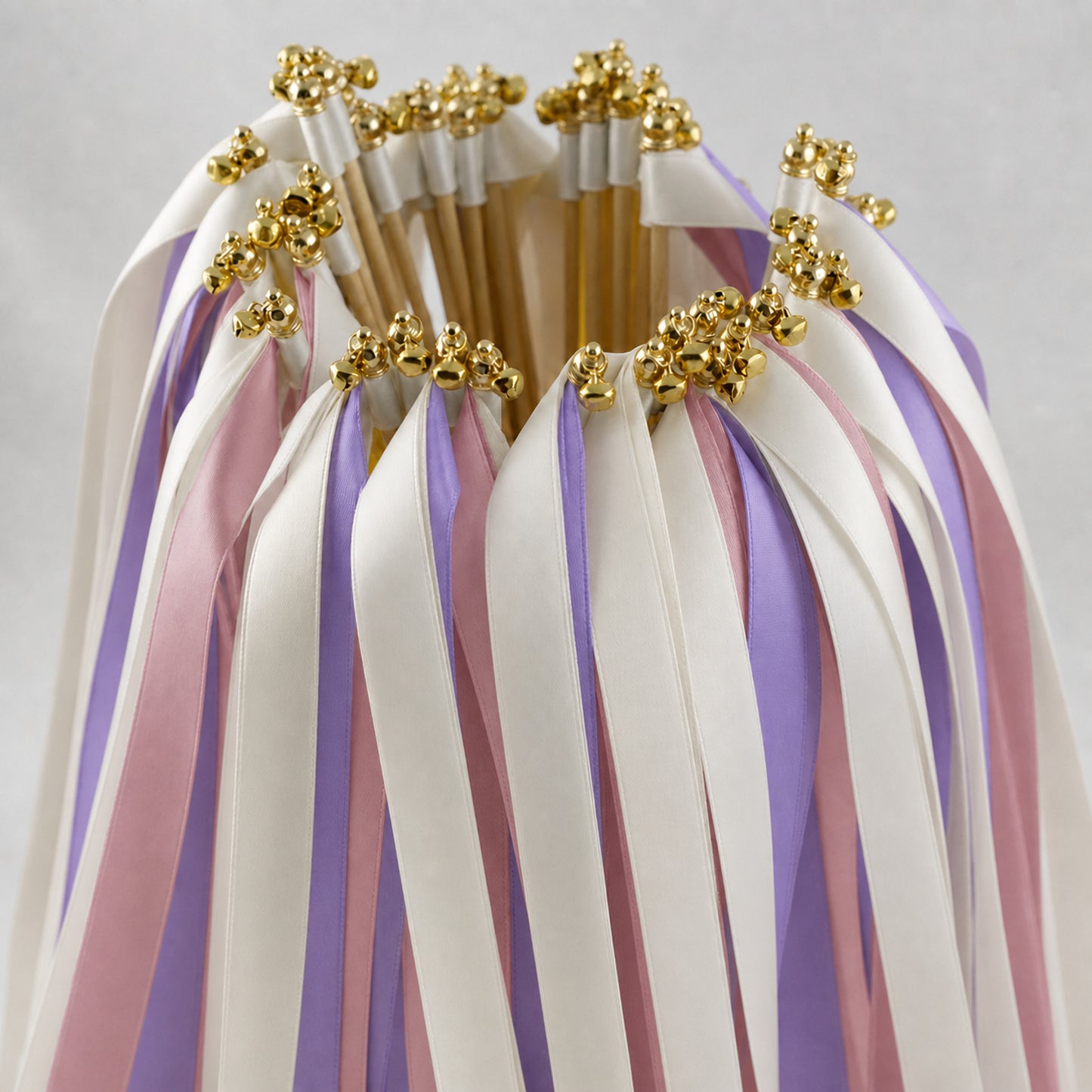 Handmade Amethyst Rose Vineyard Wedding Ribbon Wands with Bell - Off White, Amethyst and Rosy Mauve