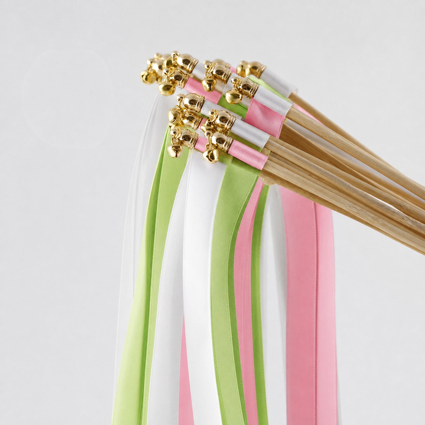 Fresh Apple Blush Ribbon Wedding Wands - White, Apple Green and Light Pink Triple Ribbon and Bell