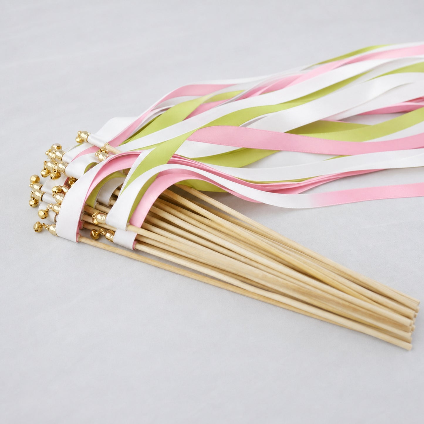 Fresh Apple Blush Ribbon Wedding Wands - White, Apple Green and Light Pink Triple Ribbon and Bell
