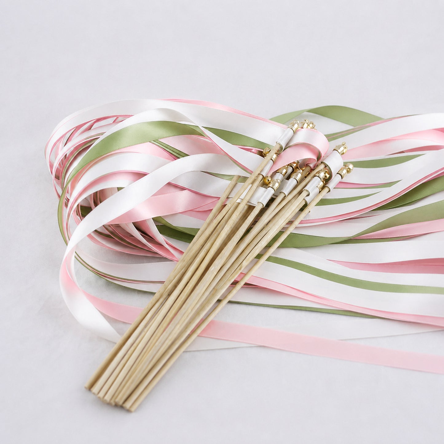 Fresh Apple Blush Ribbon Wedding Wands - White, Apple Green and Light Pink Triple Ribbon and Bell