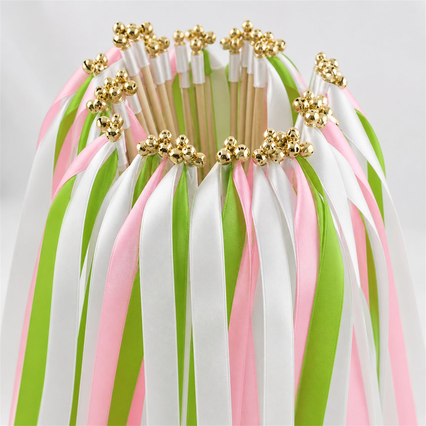 Fresh Apple Blush Ribbon Wedding Wands - White, Apple Green and Light Pink Triple Ribbon and Bell