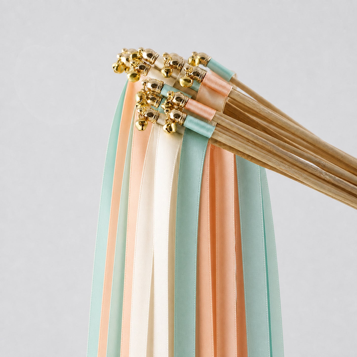 Ivory, Mint and Peach Wedding Exit Ribbon Wands with Bell - Mint Peach Garden
