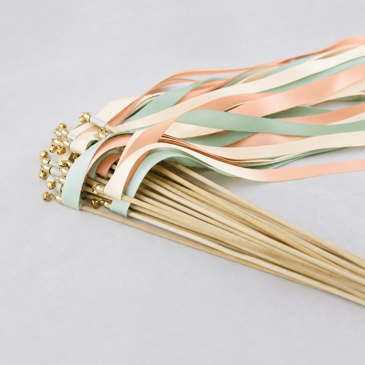 Ivory, Mint and Peach Wedding Exit Ribbon Wands with Bell - Mint Peach Garden