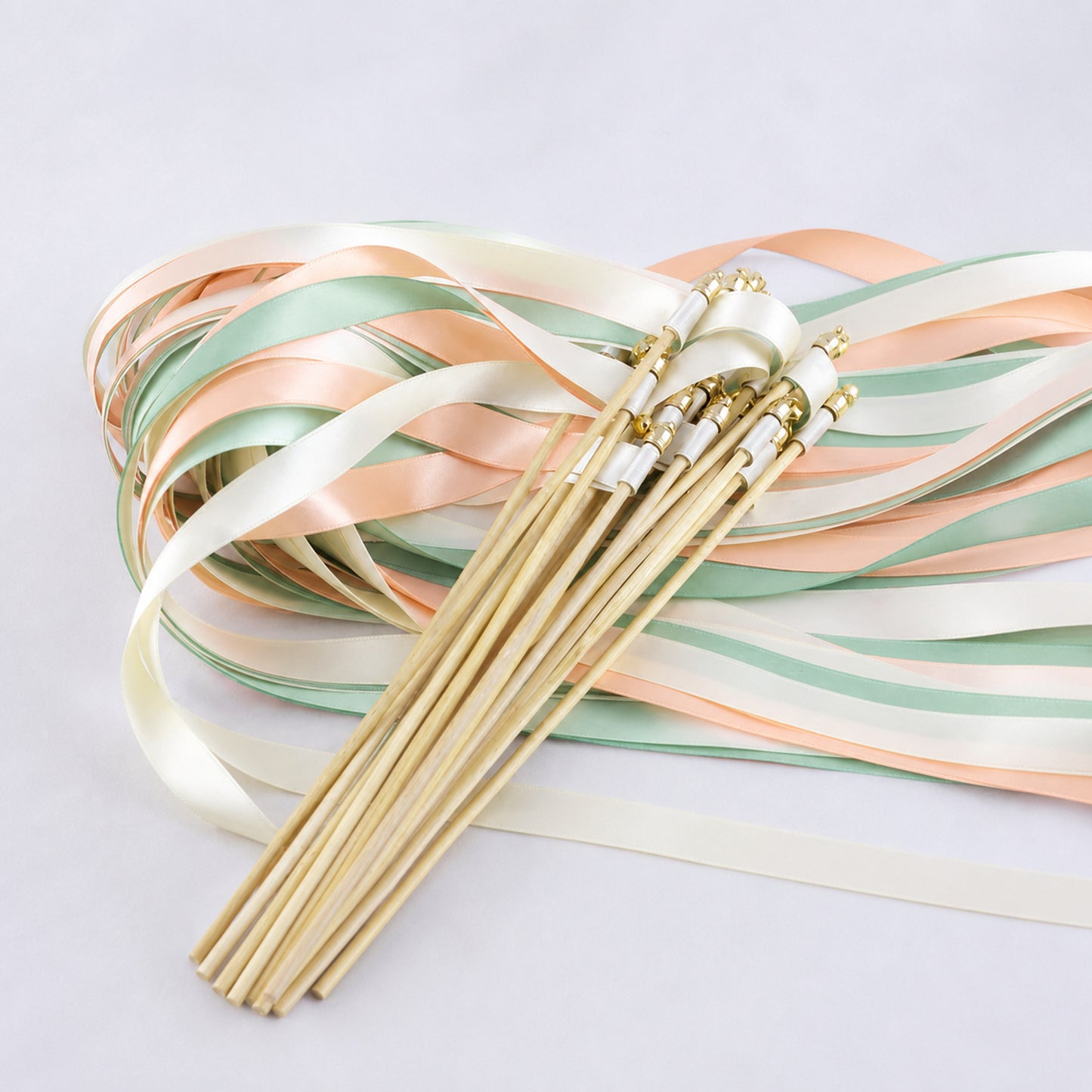 Ivory, Mint and Peach Wedding Exit Ribbon Wands with Bell - Mint Peach Garden