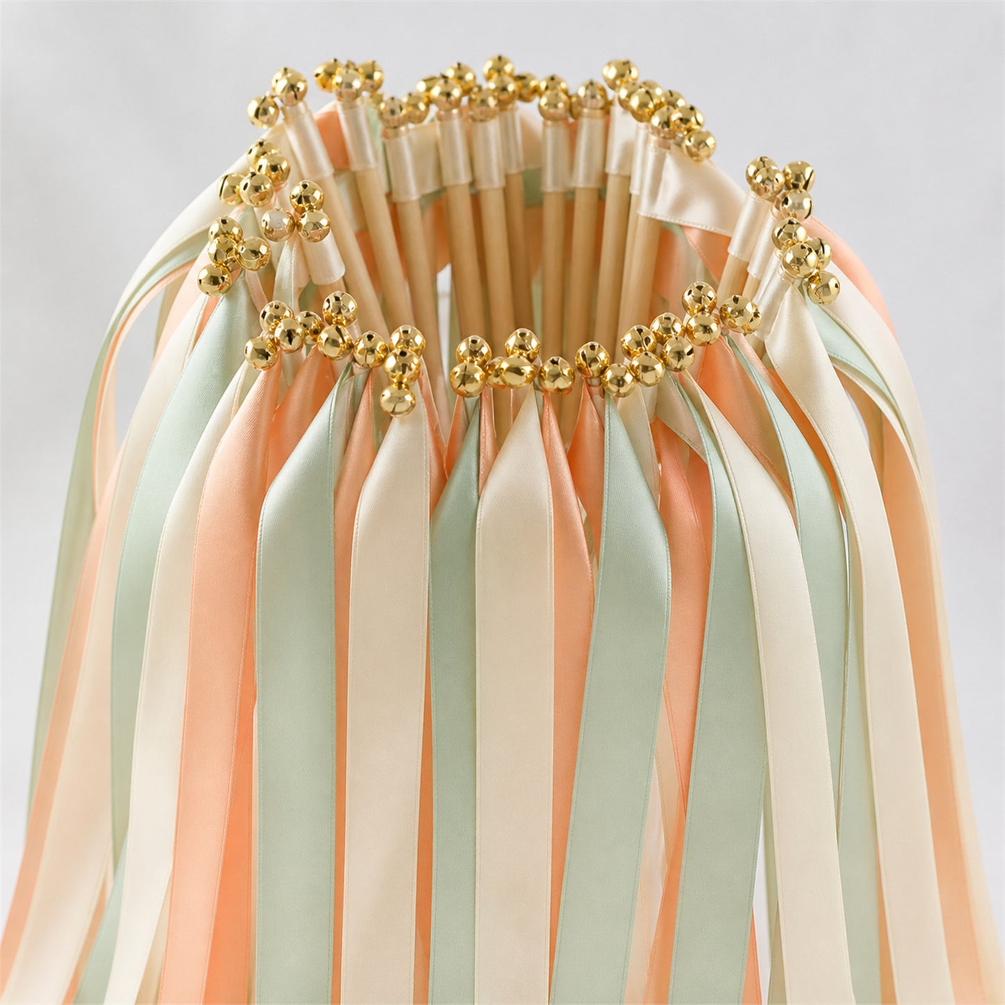 Ivory, Mint and Peach Wedding Exit Ribbon Wands with Bell - Mint Peach Garden