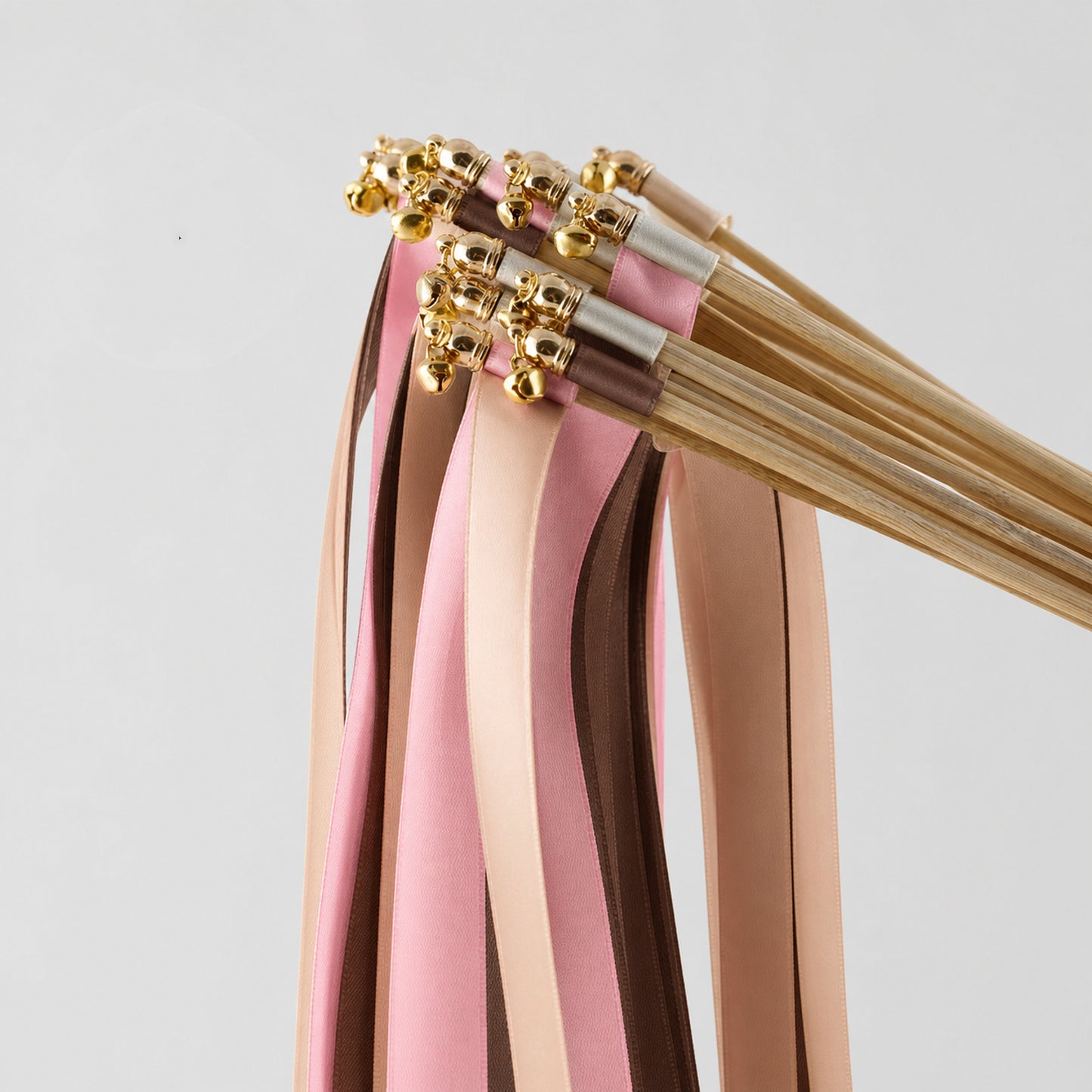 Handmade Nude, Cocoa and Light Pink Wedding Ribbon Wands with Bell - Cocoa Blush