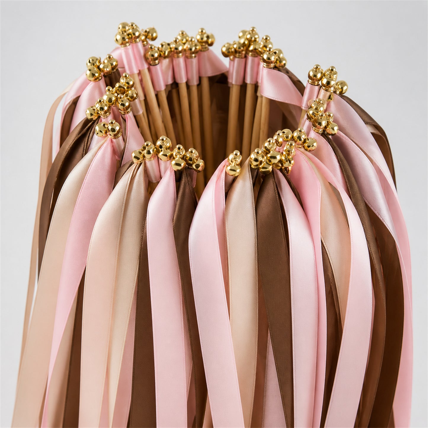 Handmade Nude, Cocoa and Light Pink Wedding Ribbon Wands with Bell - Cocoa Blush