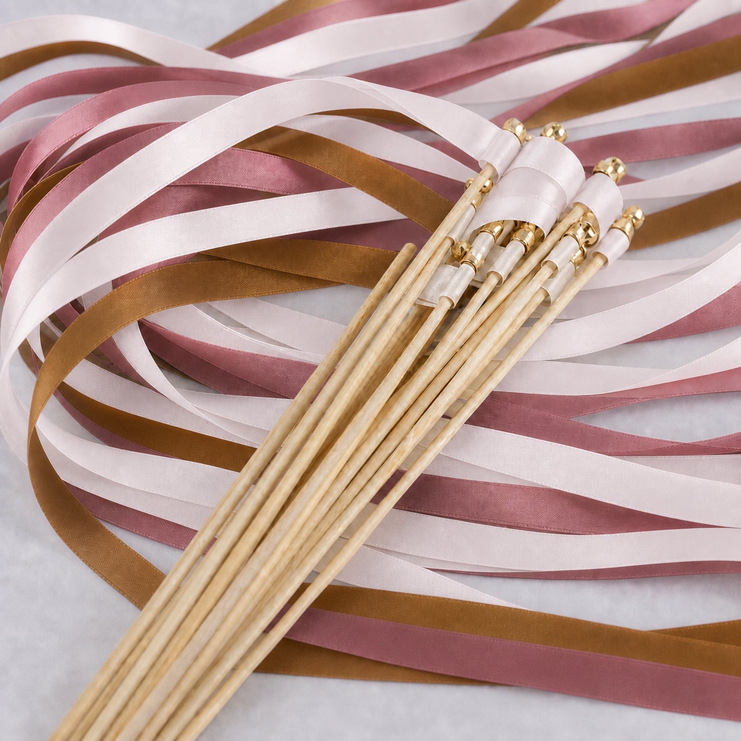 Toffee Mauve Wedding Ribbon Wands with Bell - Vanilla, Toffee and Rosy Mauve