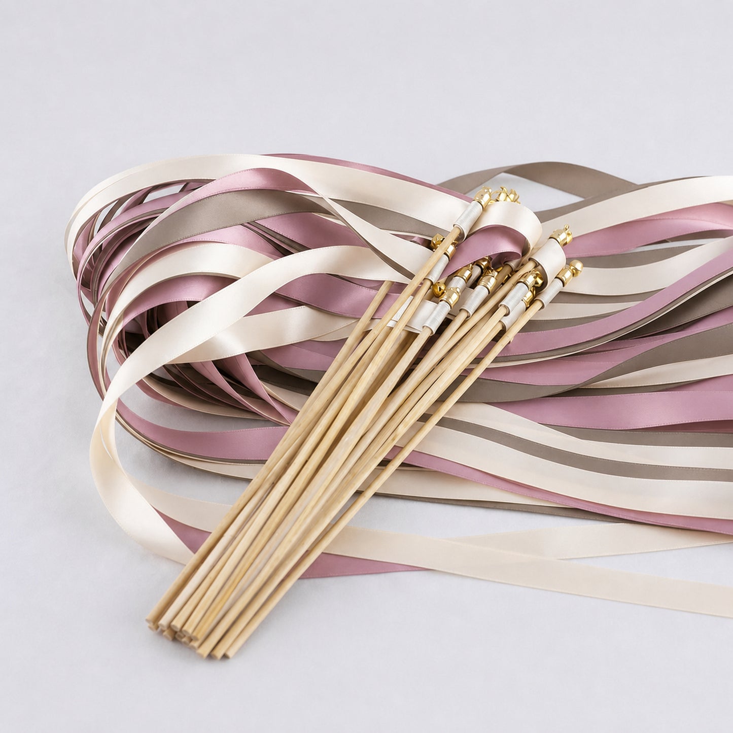 Mauve Taupe Minimalist Ribbon Wedding Wands - Ivory, Taupe and Rosy Mauve Triple Ribbon and Bell