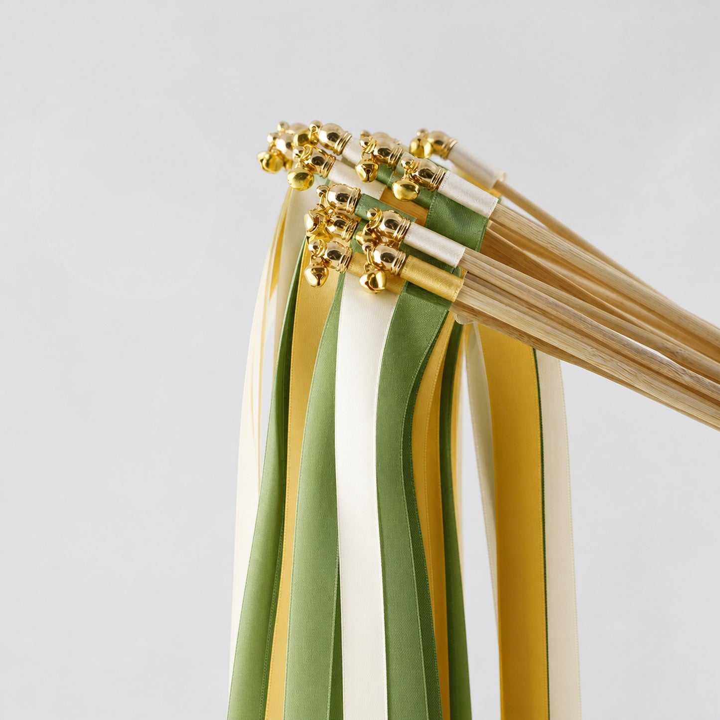 Sunflower Meadow Wedding Ribbon Wands with Bell - Off White, Green and Golden Yellow