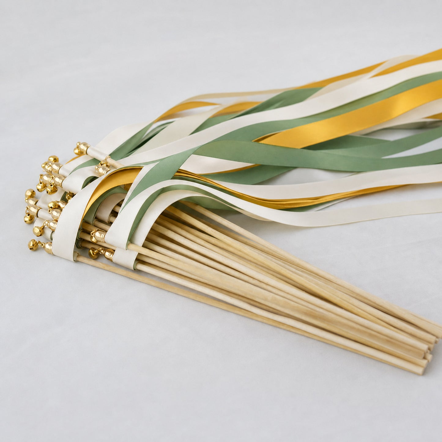 Sunflower Meadow Wedding Ribbon Wands with Bell - Off White, Green and Golden Yellow
